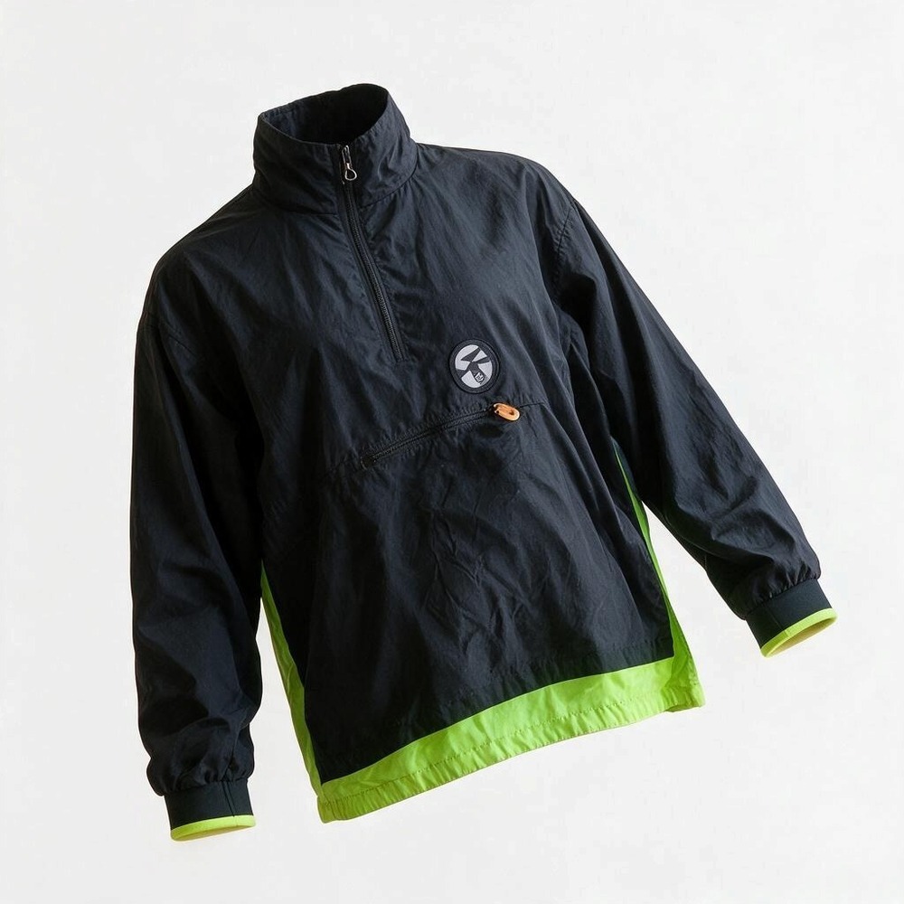Vintage Ocean Pacific OP Tech Windbreaker Pullover Mens L Black Neon Green Good